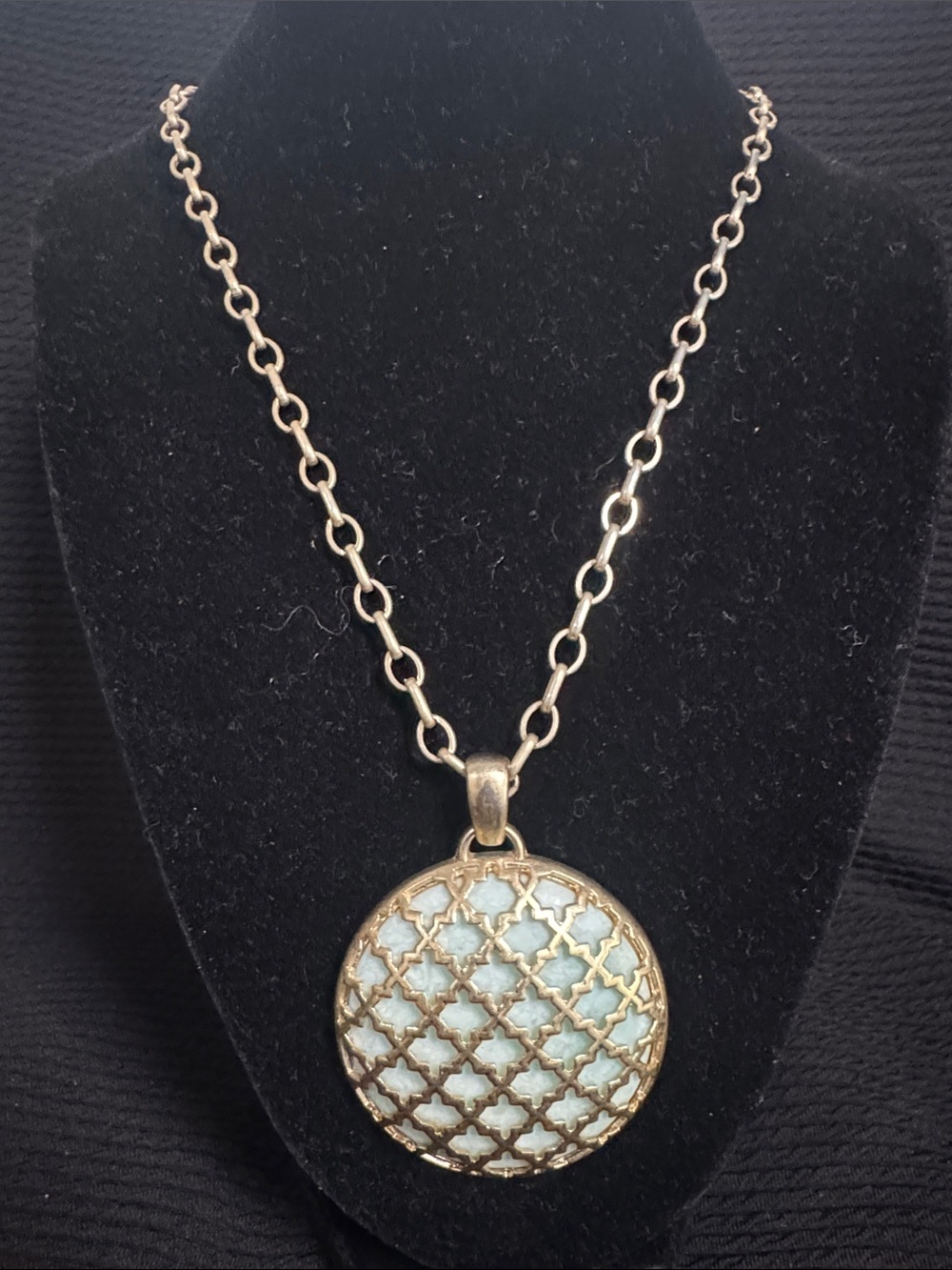 Lia Sophia Gold Tone Pendant Necklace with Light Blue Stone 31in adjustable